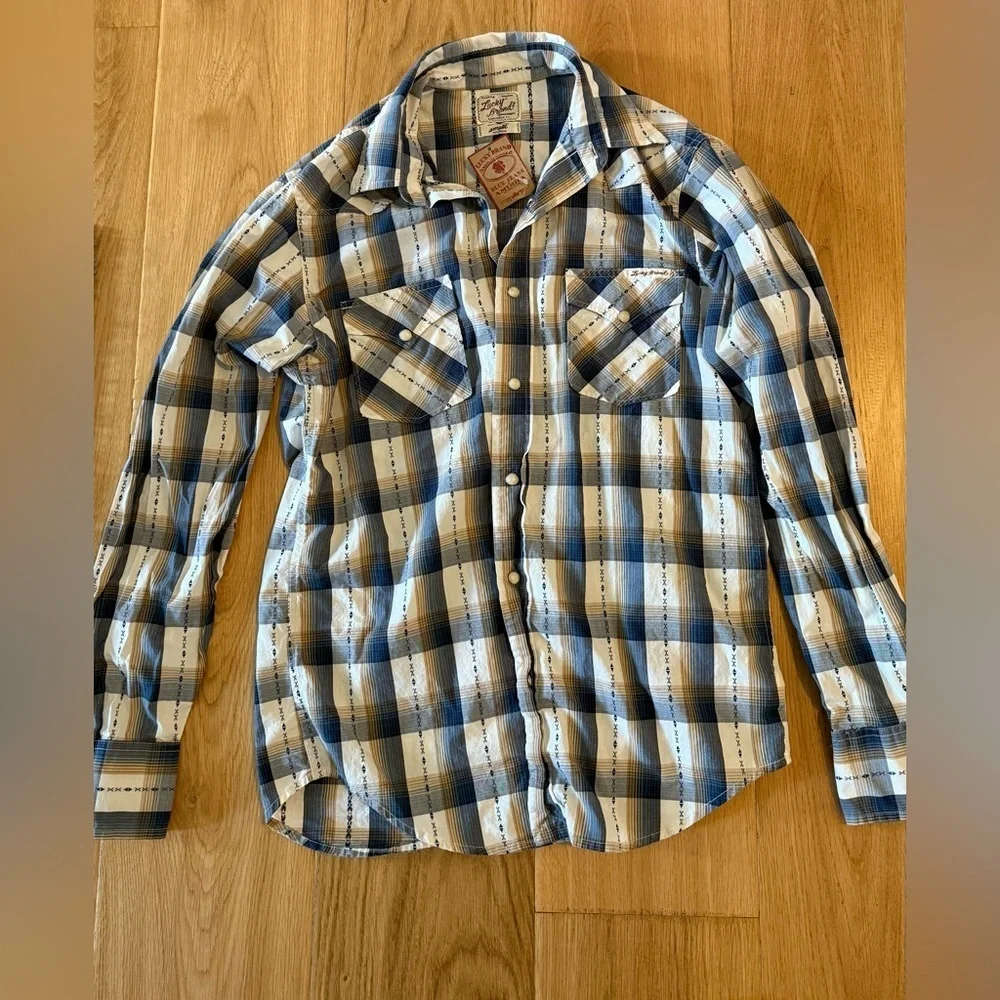 Lucky Brand Western Plaid Button-Down Shirt Small Blue Tan NWT